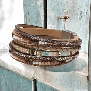 NWT Boho Multi-Layered Faux Leather Cuff Bracelet Size 7.68”